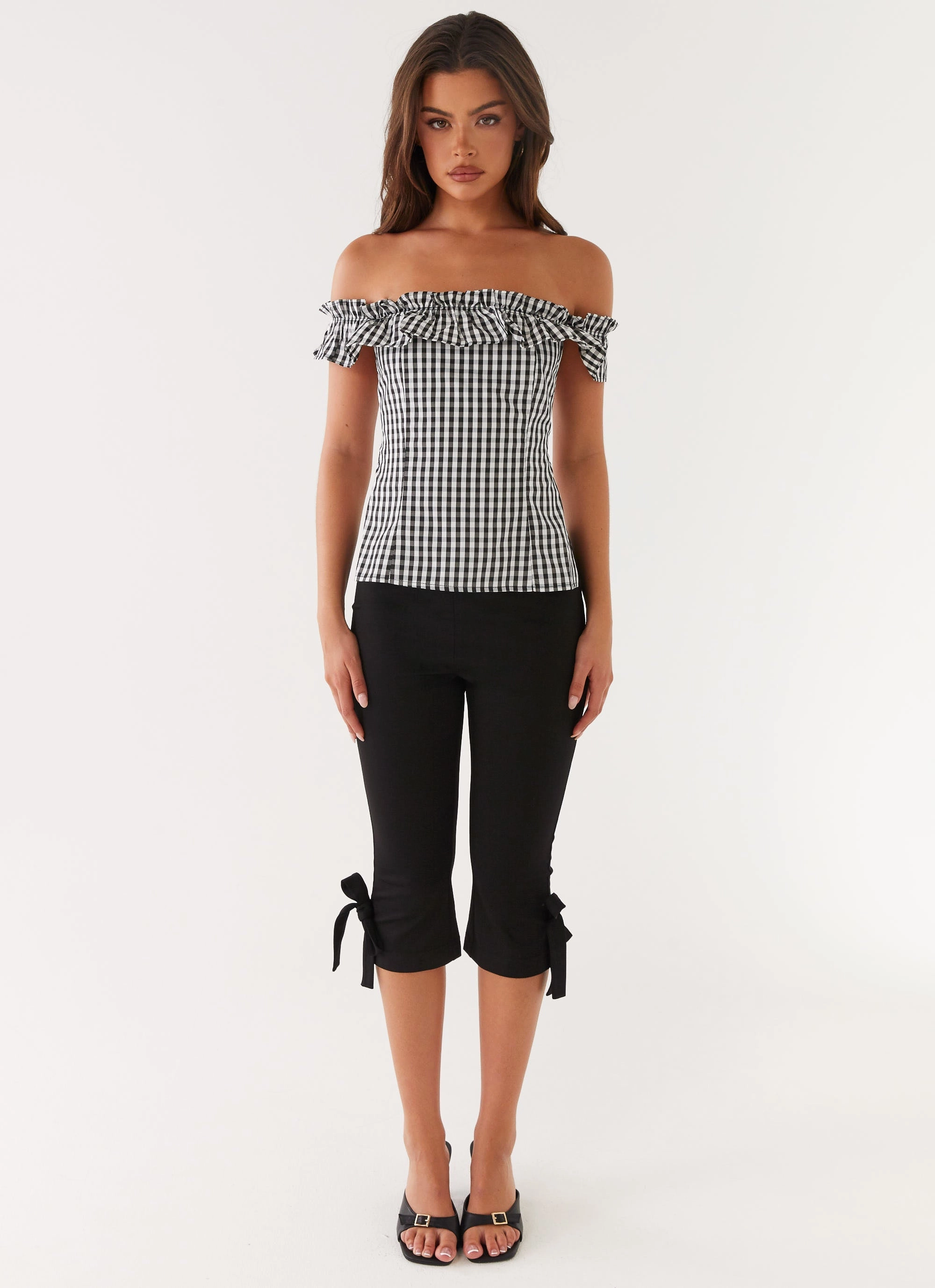 Gwyneth Top - Black Gingham StretchableKnit Wrinkle Free Weave