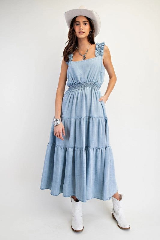 HAILEY WASHED CHAMBRAY TIERED MAXI DRESS Simple Form