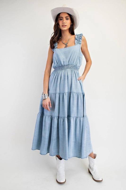 Everyday Style Side-Zip HAILEY WASHED CHAMBRAY TIERED MAXI DRESS