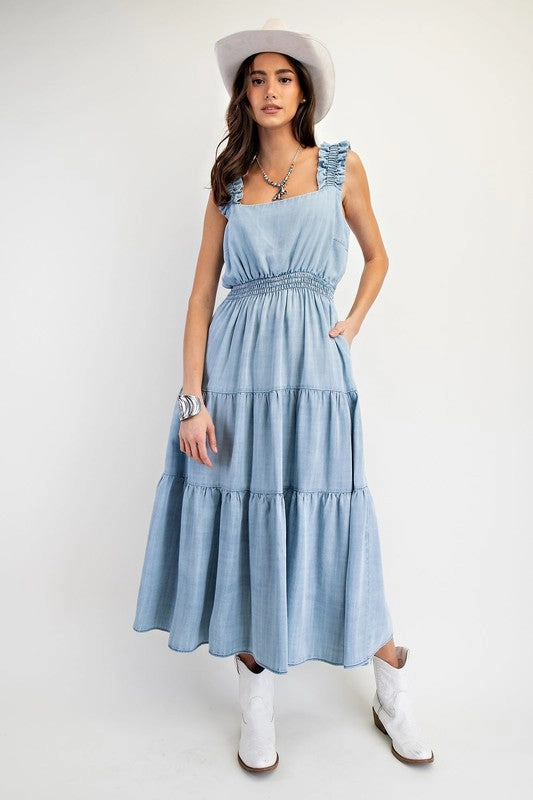 Soft Texture HAILEY WASHED CHAMBRAY TIERED MAXI DRESS