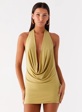 Haisley Cowl Mini Dress - Lime Green Soft Volume