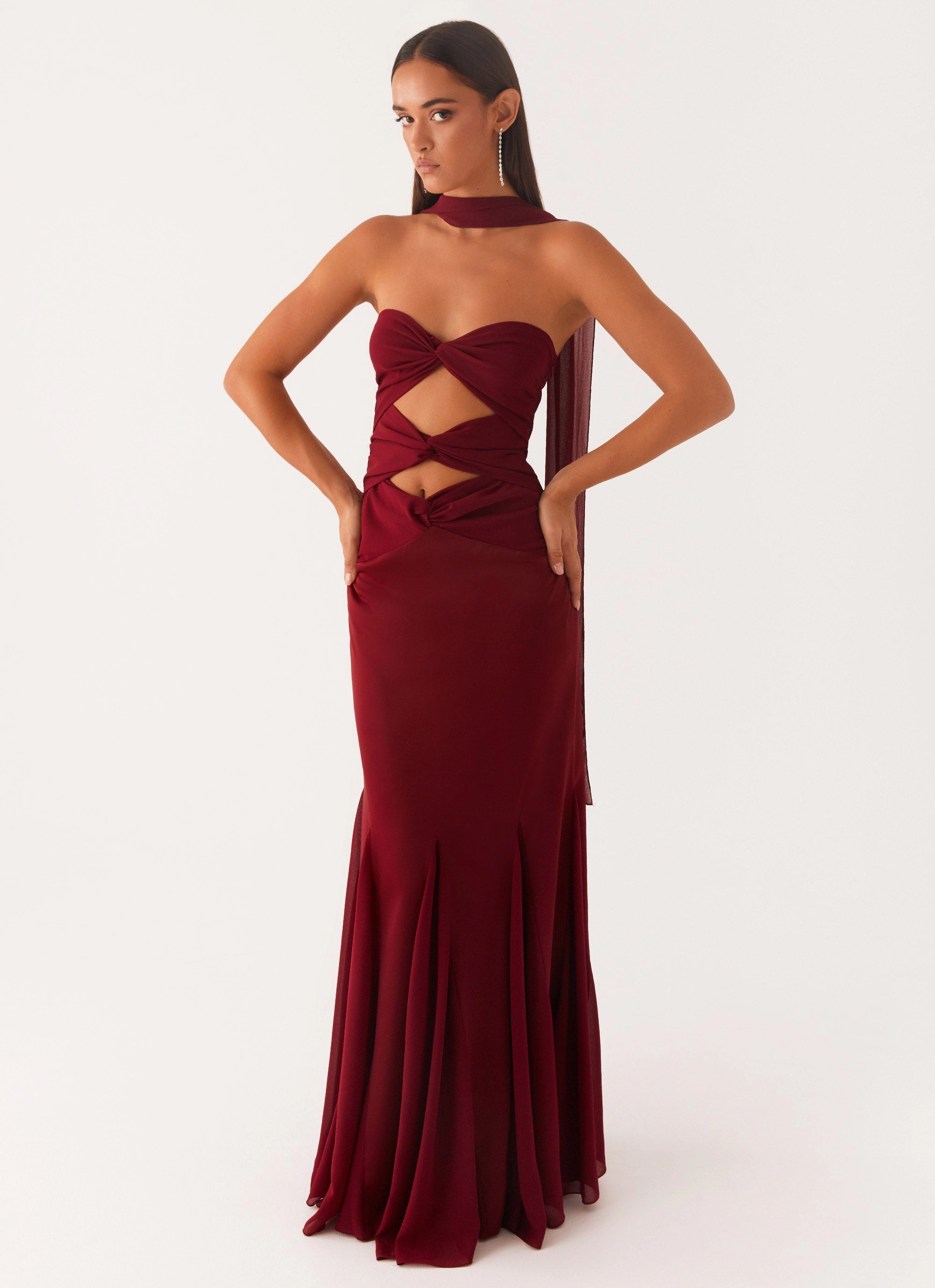 Melrose Satin Chiffon Maxi Dress - Deep Red Smooth Texture