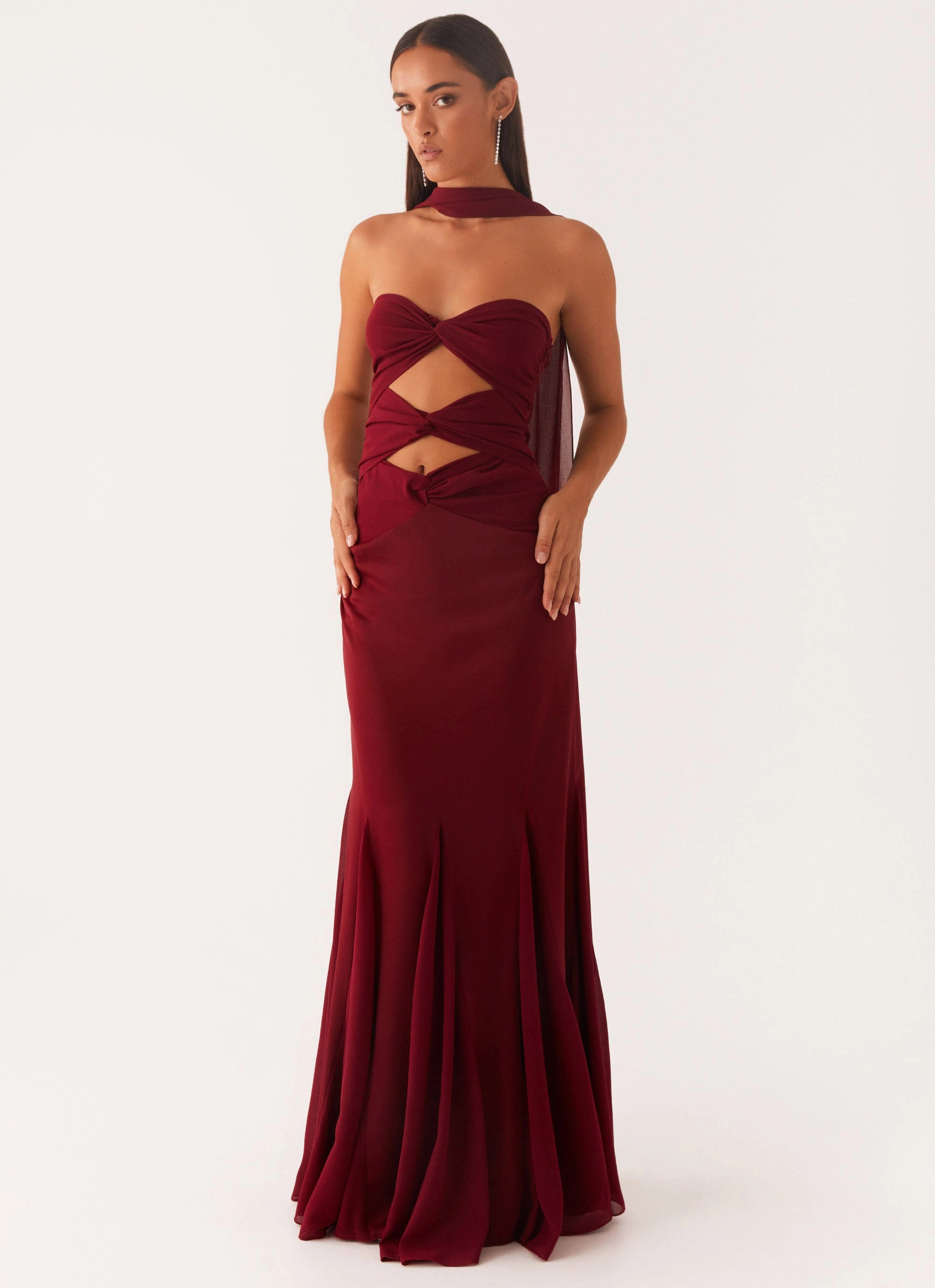 Classic Layering Elegant Fabric Melrose Satin Chiffon Maxi Dress - Deep Red