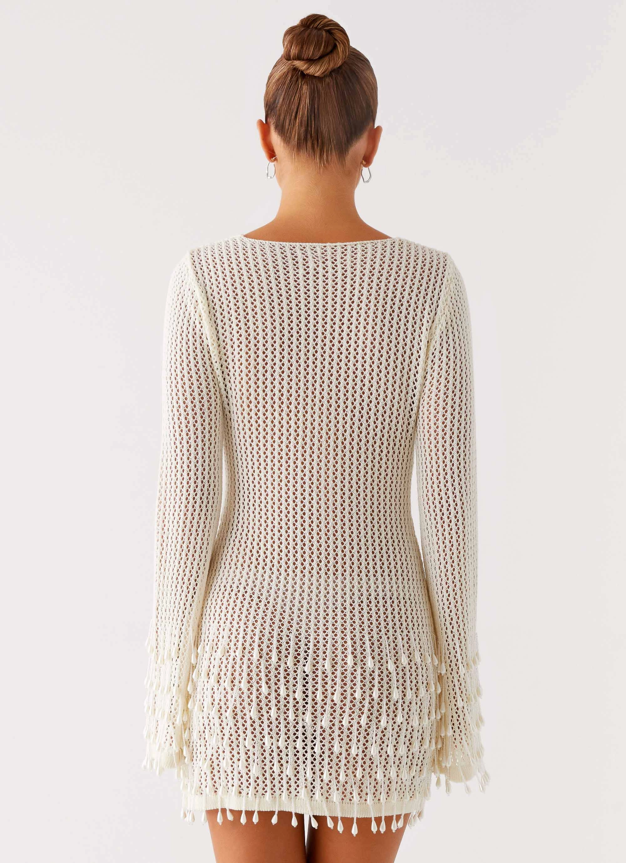 Relaxed Wear Semi Formal Majestic Beaded Crochet Mini Dress - Ivory