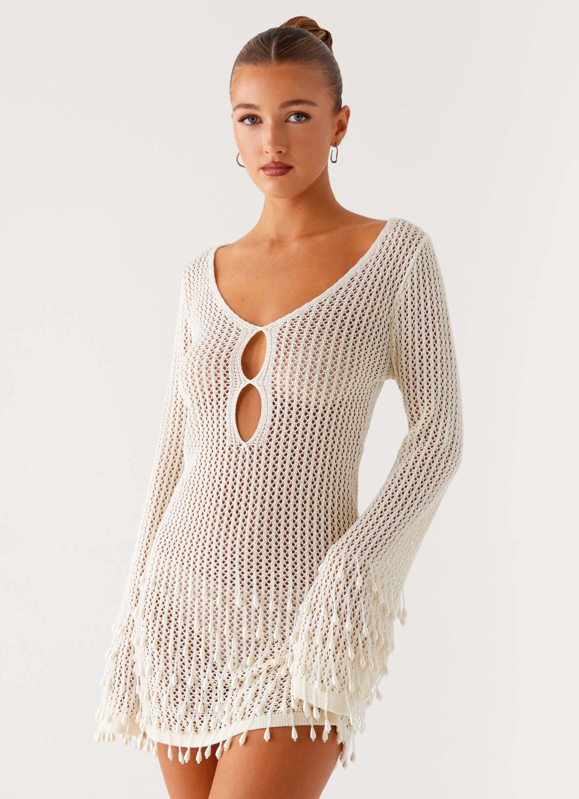 Majestic Beaded Crochet Mini Dress - Ivory Fashionable Style Contemporary Wear