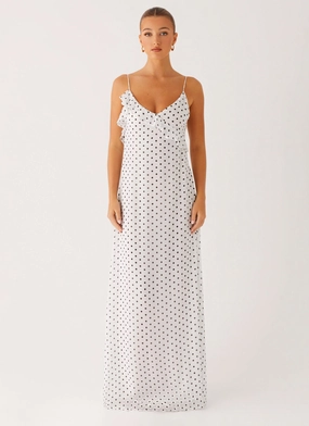 Harri Maxi Dress - White Polka Dot Night Out Fresh Style