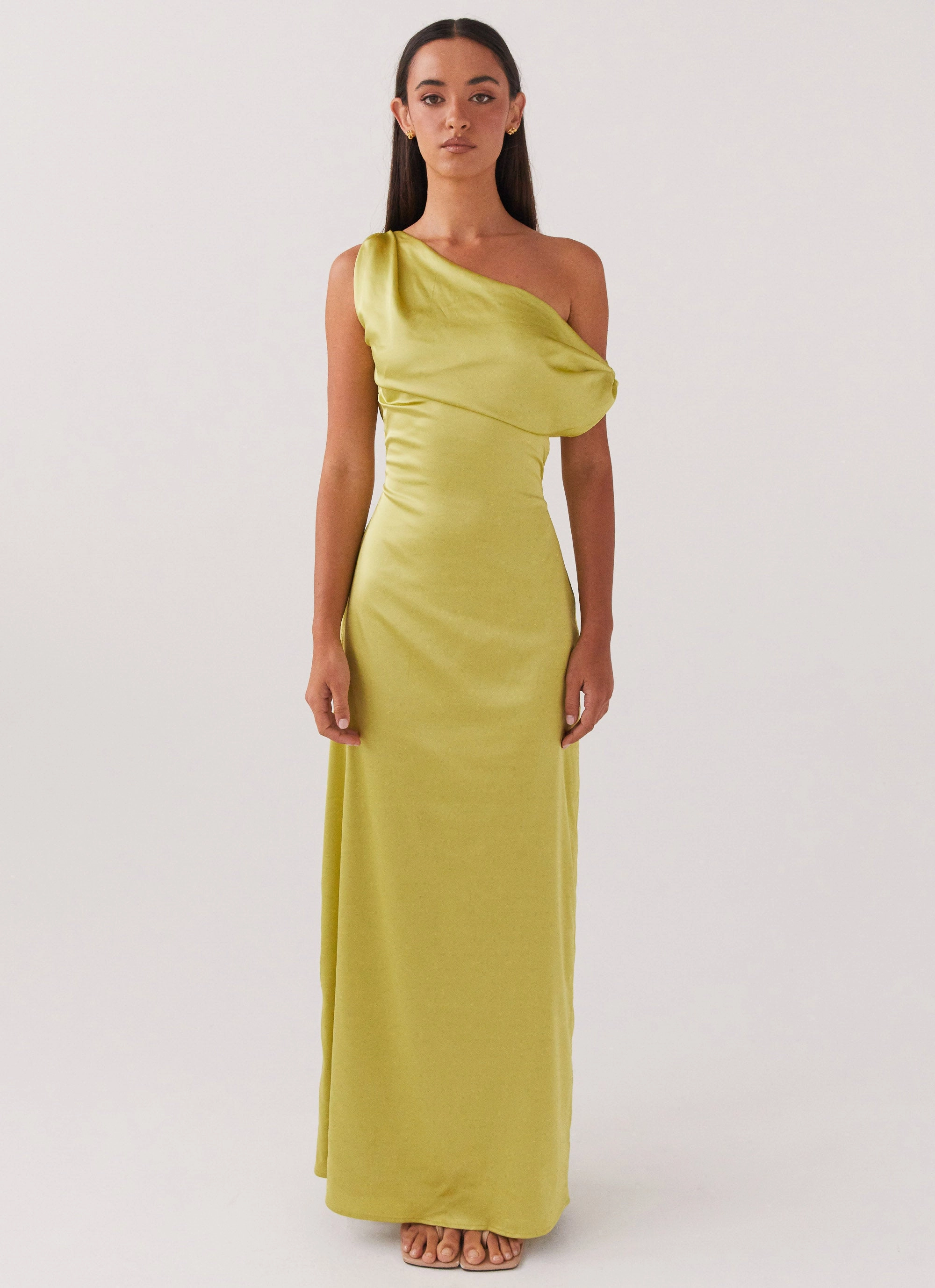 Ready Anytime Elegant Piece Heart Of Glass Satin Maxi Dress - Chartreuse