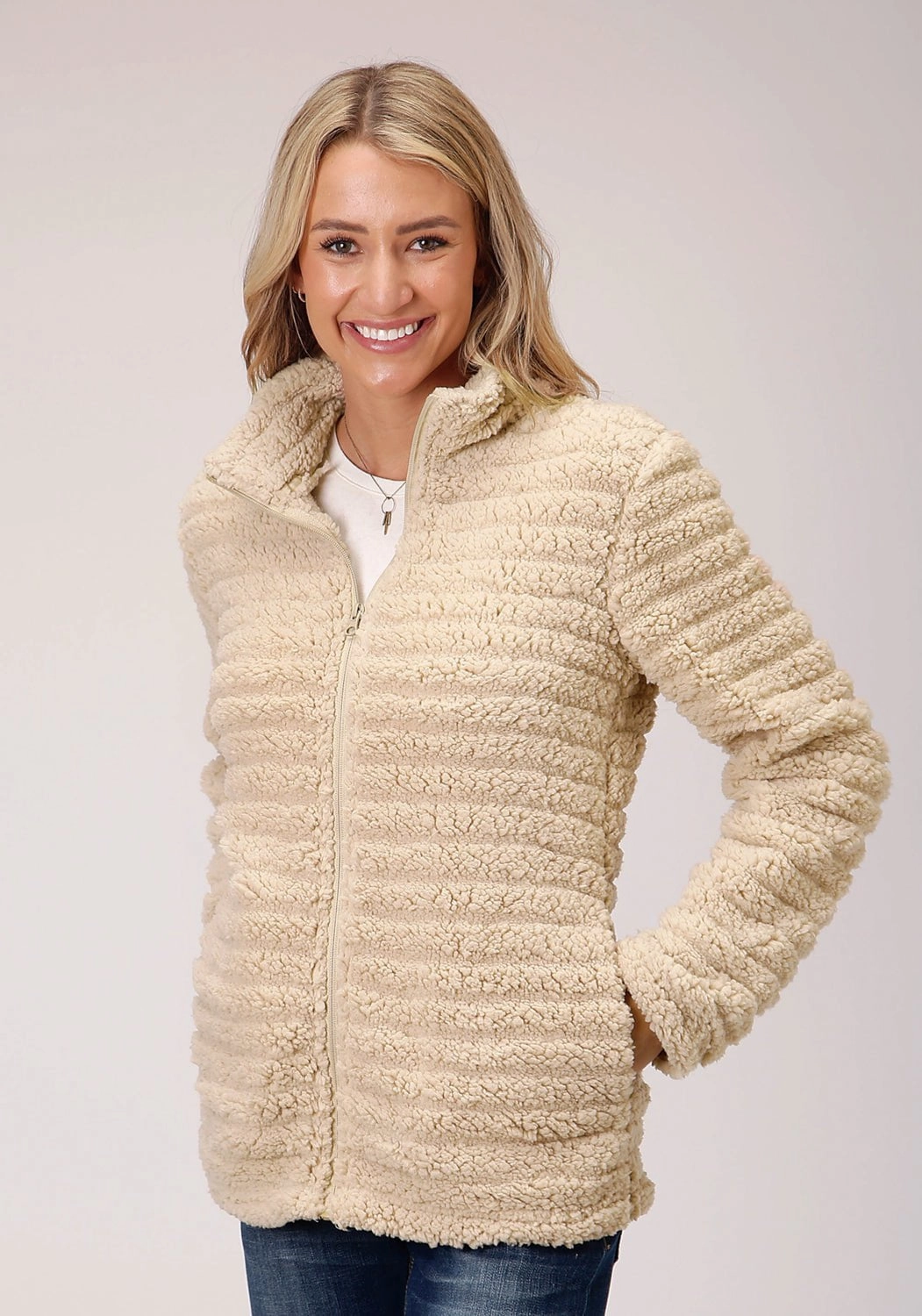AbrasionResistant Anti Pilling Roper Womens Cream Polyester Faux Mink Fleece Jacket