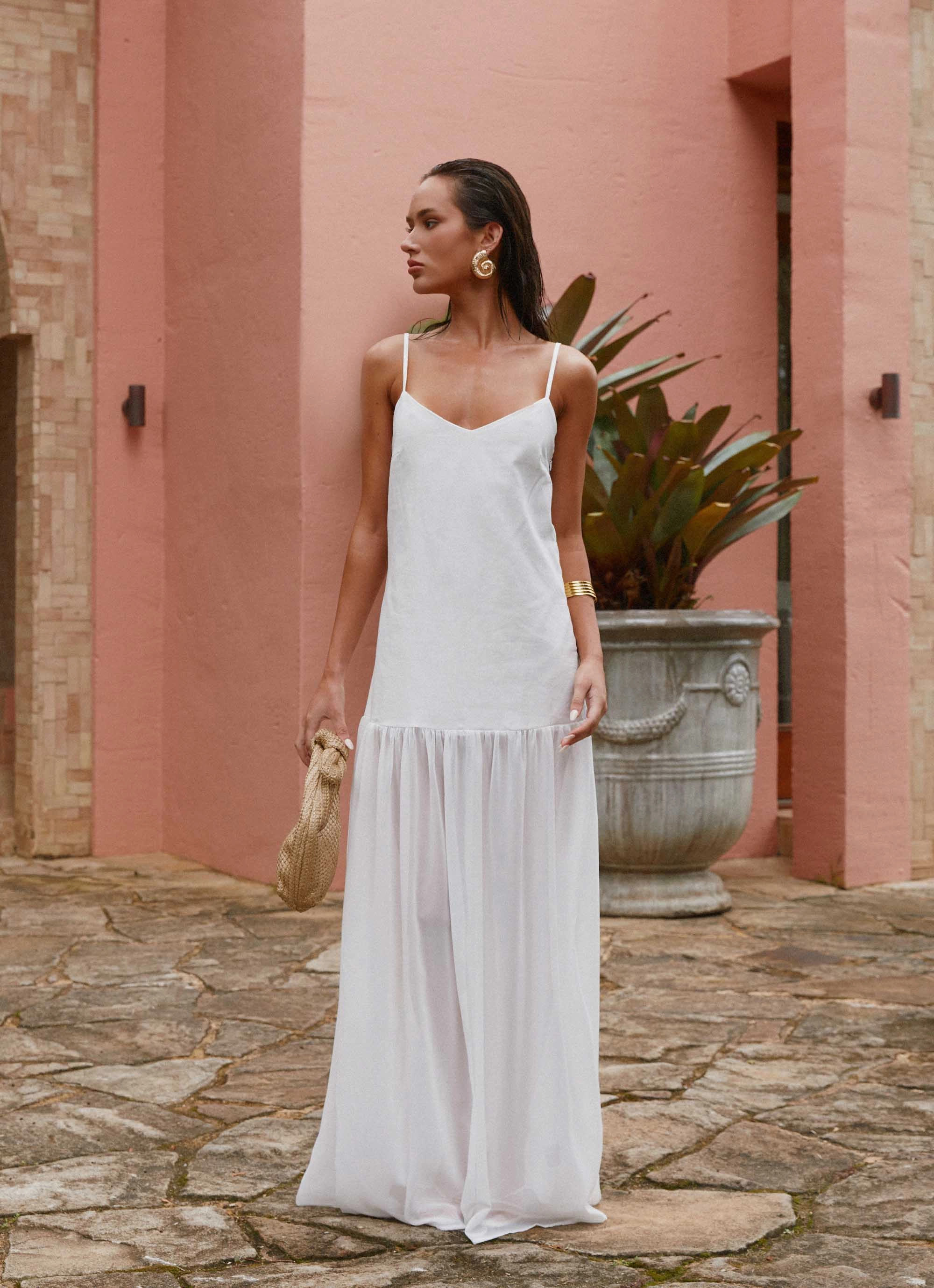 Heavenly Linen Maxi Dress - White Modern Design Sunset Scene