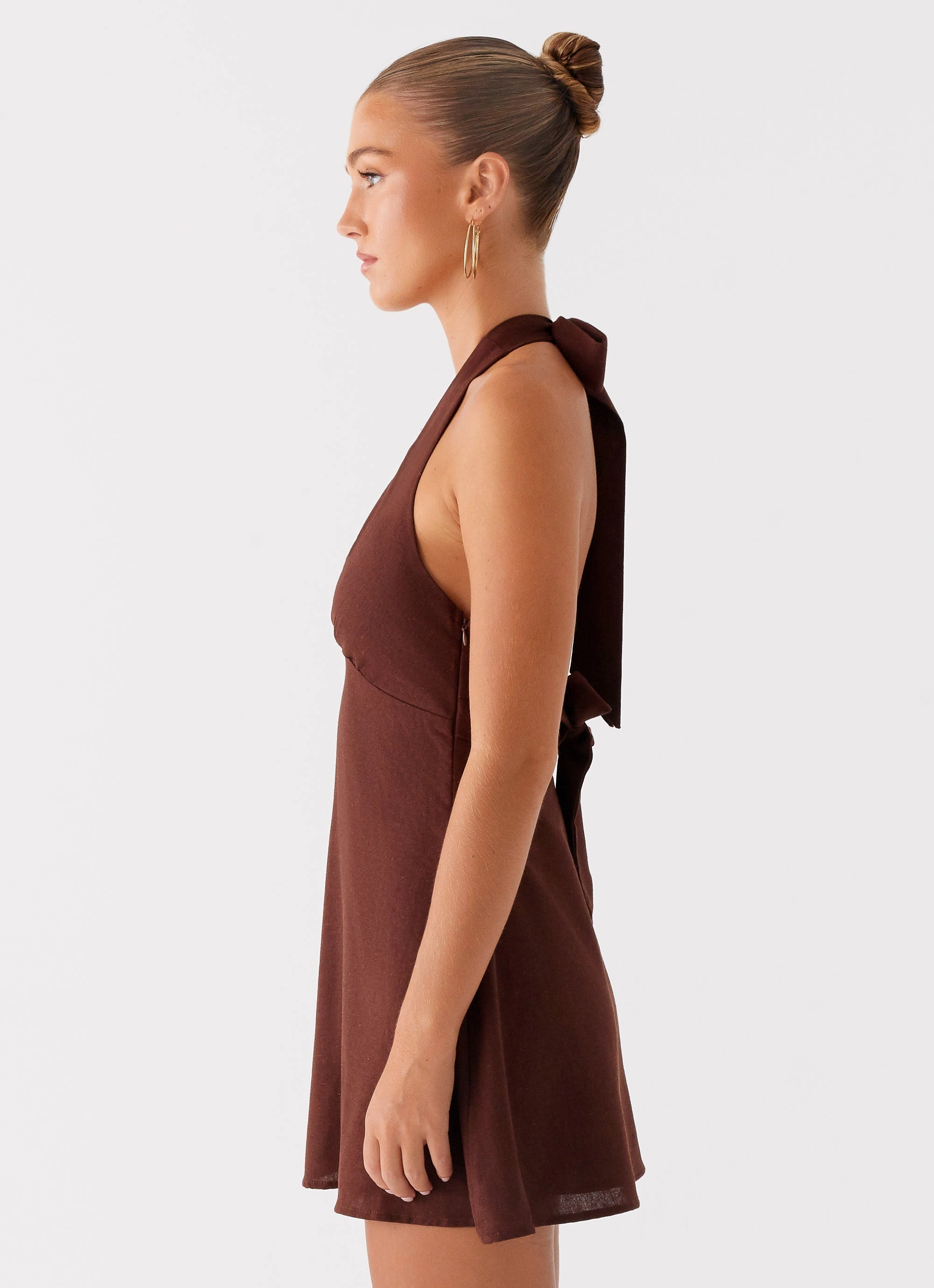 Trendy Silhouette Heavy Hearted Linen Mini Dress - Brown