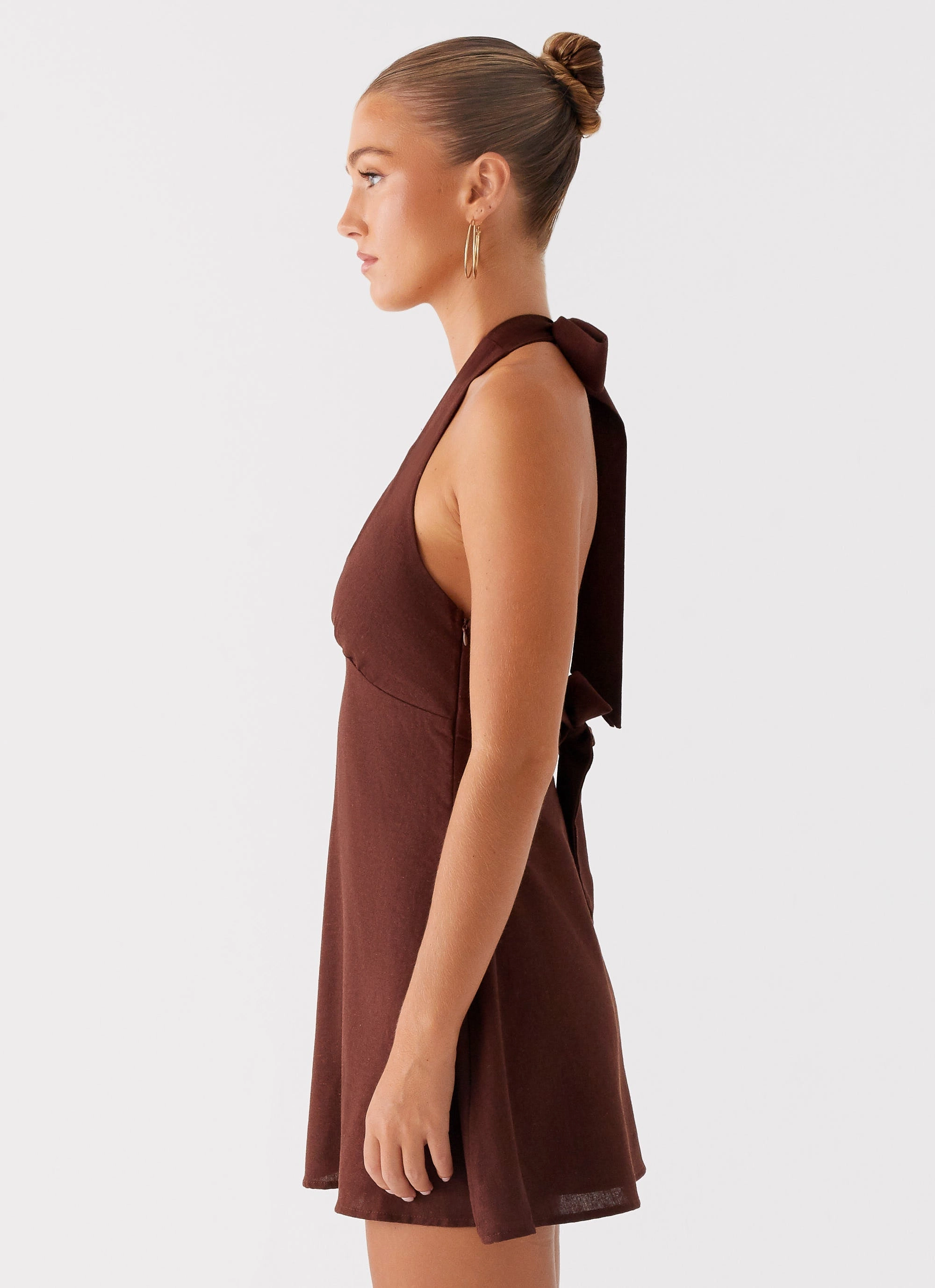 Smart Texture Relaxed Fit Look Heavy Hearted Linen Mini Dress - Brown