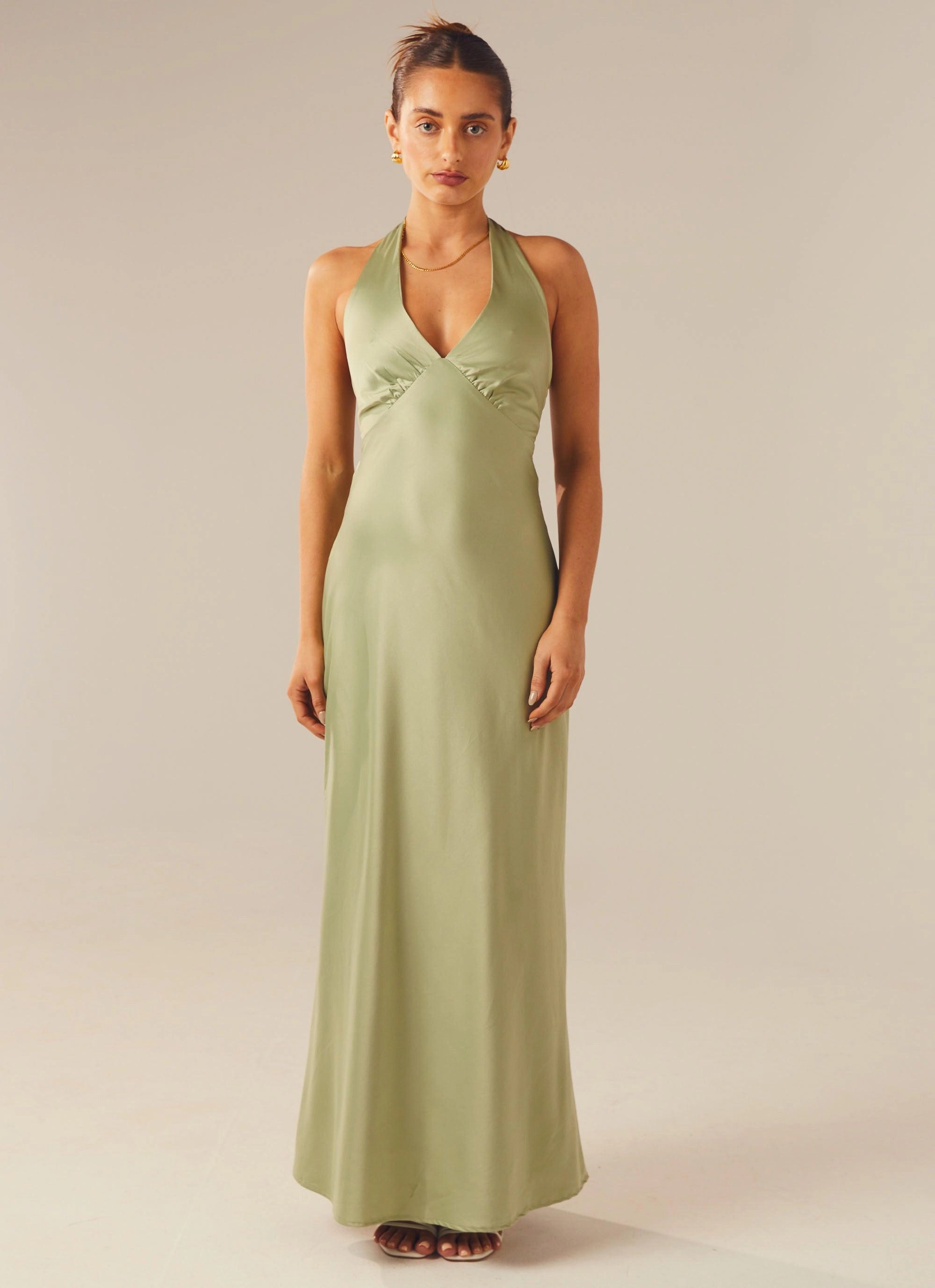 Bridal-Shower StretchableKnit Heavy Hearted Satin Maxi Dress - Sage