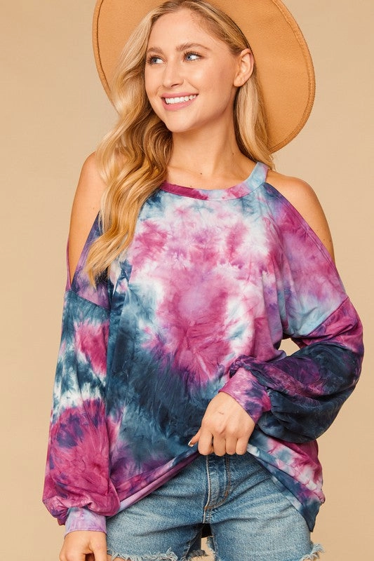FadeResistantPrint Spandex Enhanced Elasticity Heidi Tie Dye Bubble Sleeve Cold Shoulder Top