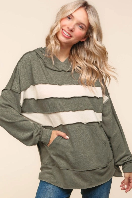 Stretchable Henley Hoodie Pullover Top W/kangaroo Pocket