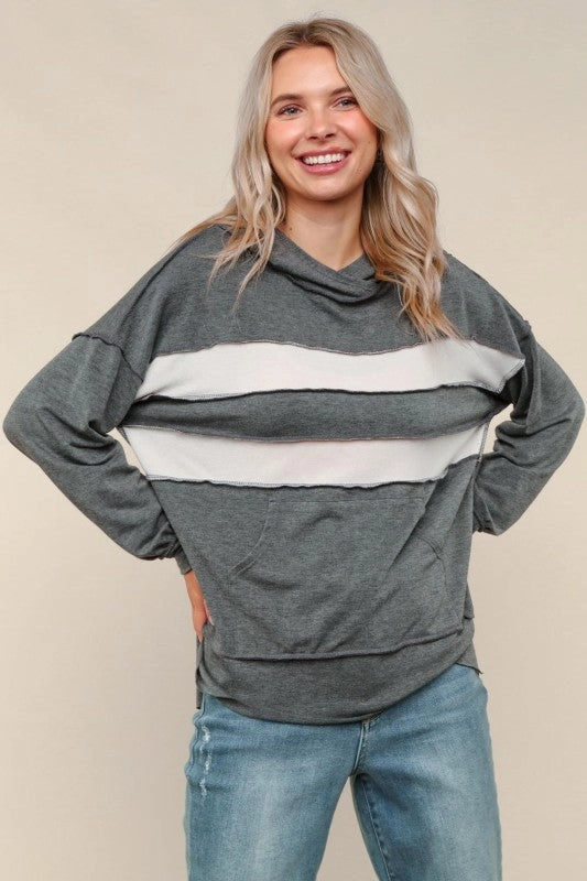 Durable Knit Structure Low carbon footprint Henley Hoodie Pullover Top W/kangaroo Pocket