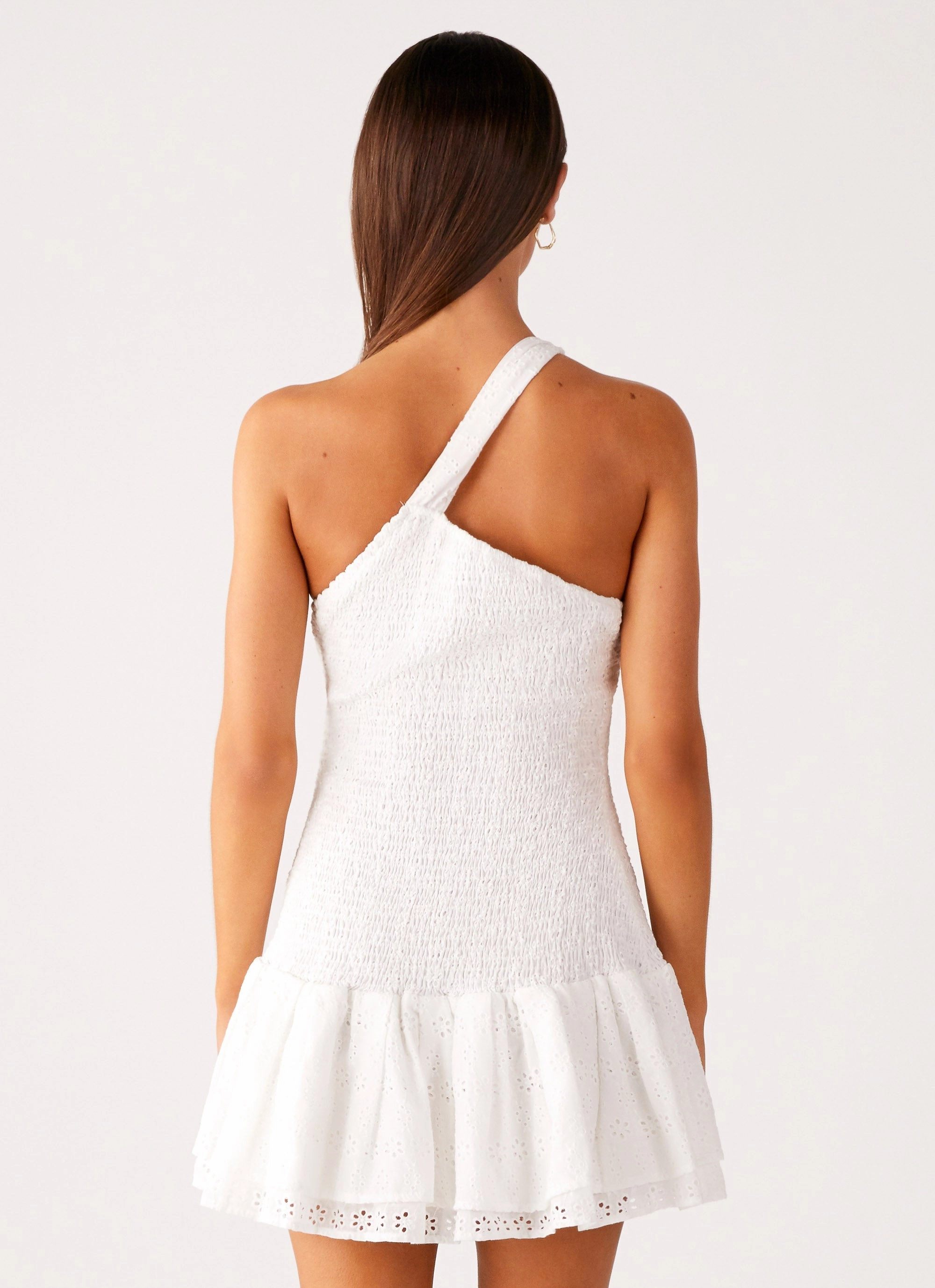 Hestia Drop Waist Shirring Mini Dress - White Velvet-Edge