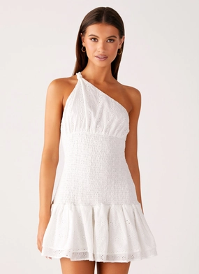 Hestia Drop Waist Shirring Mini Dress - White Tailored Style