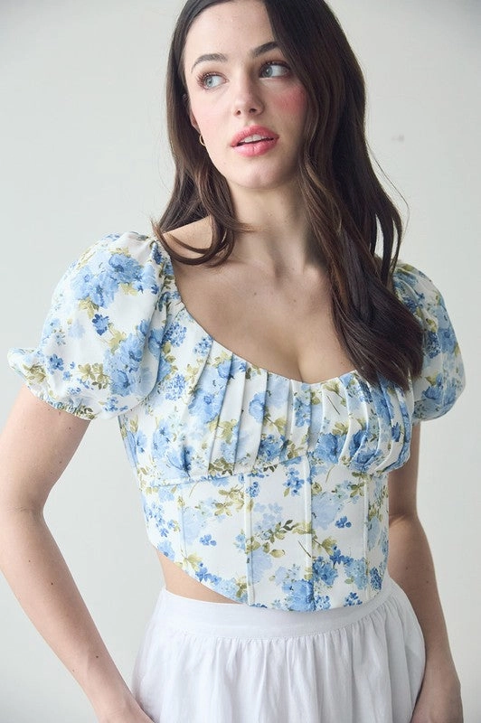 Dannie Floral Corset Waist Crop Top DoubleStitchedHem MultiPanel Design