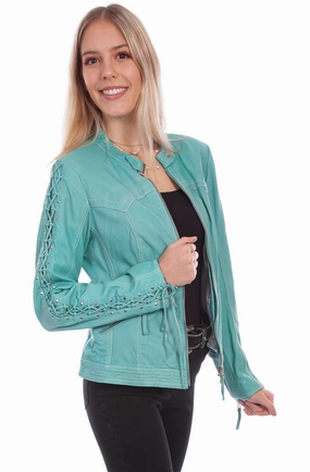 Light Day Jacket Airy Cloth Scully Womens Blue River Leather Laced Sleeve Jacket XXL