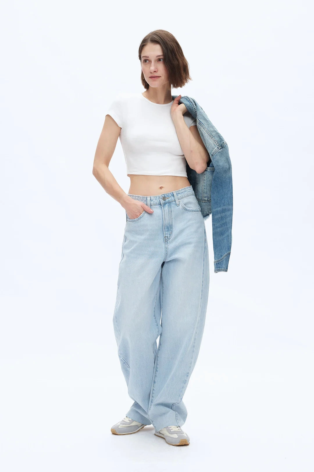 High Rise Barrel Leg Denim Jeans - Light Blue ReinforcedHem Activewear Top