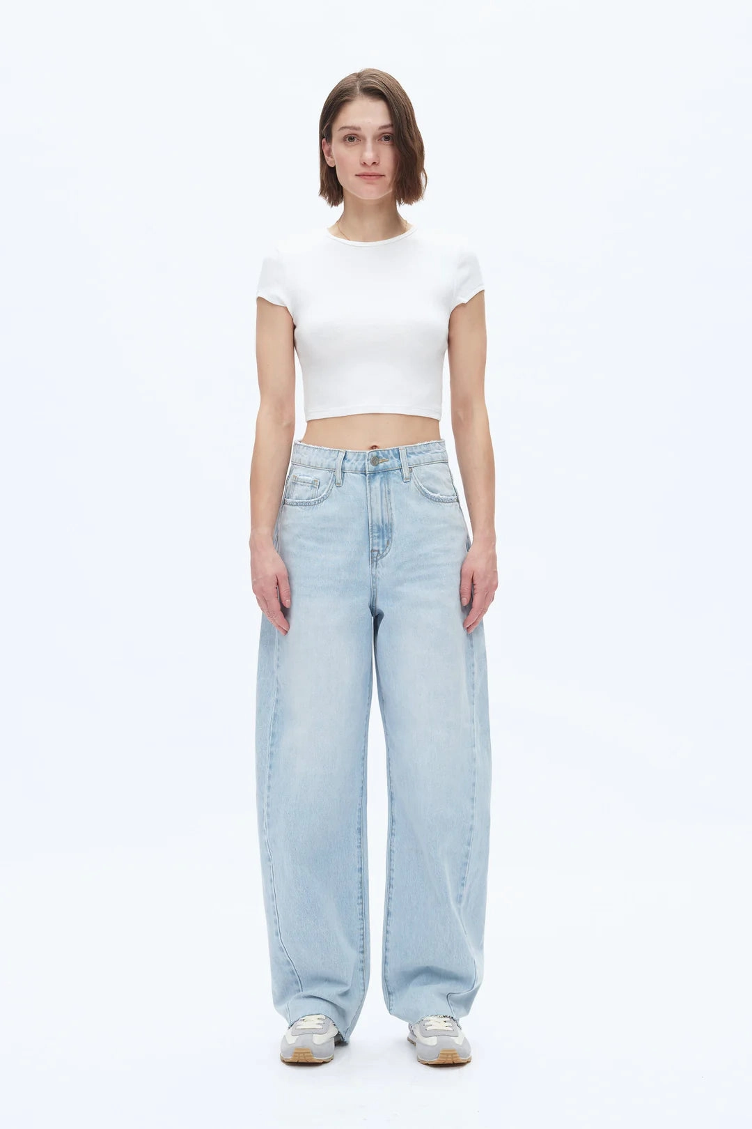 High Rise Barrel Leg Denim Jeans - Light Blue Non Closure Collar
