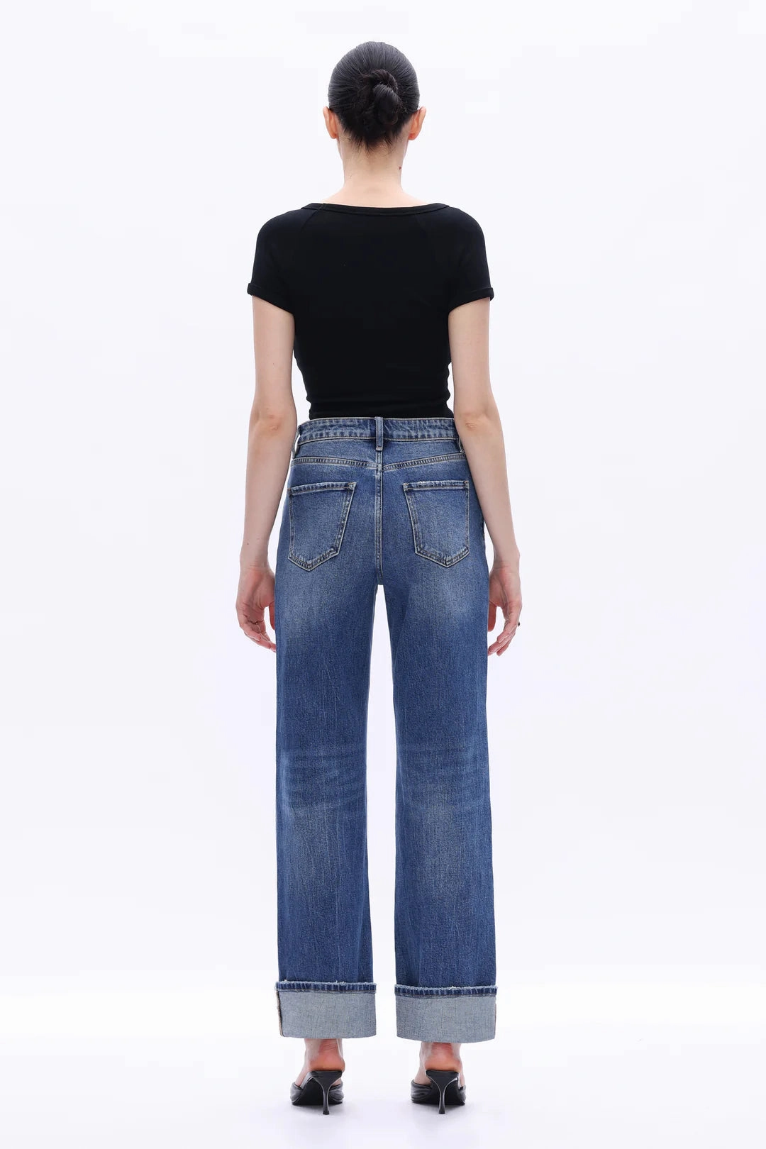 High Rise Straight Leg Jeans - Retro Dark Blue Non Chafing Side Seams Sporty Sweatshirt