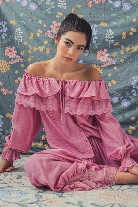 Lace Ruffled Blouse - Pink Classic Tank High Visibility Trim