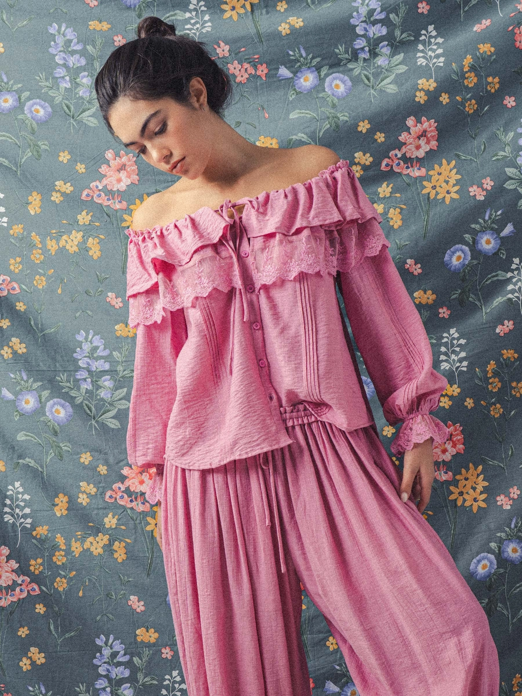 Lace Ruffled Blouse - Pink Layered Ply Construction Light Reflective Printing