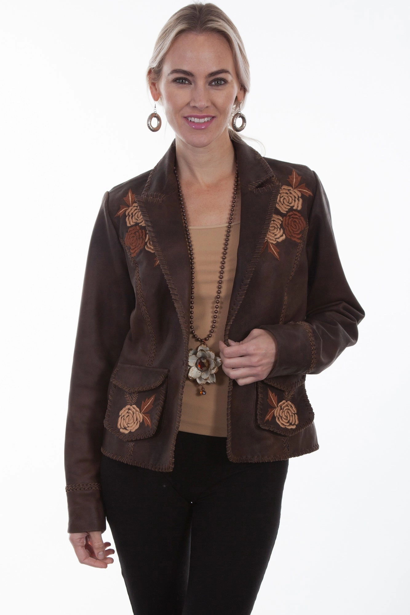 Scully Womens Old Brown Leather Floral Jacket Glove Friendly Cuff Design