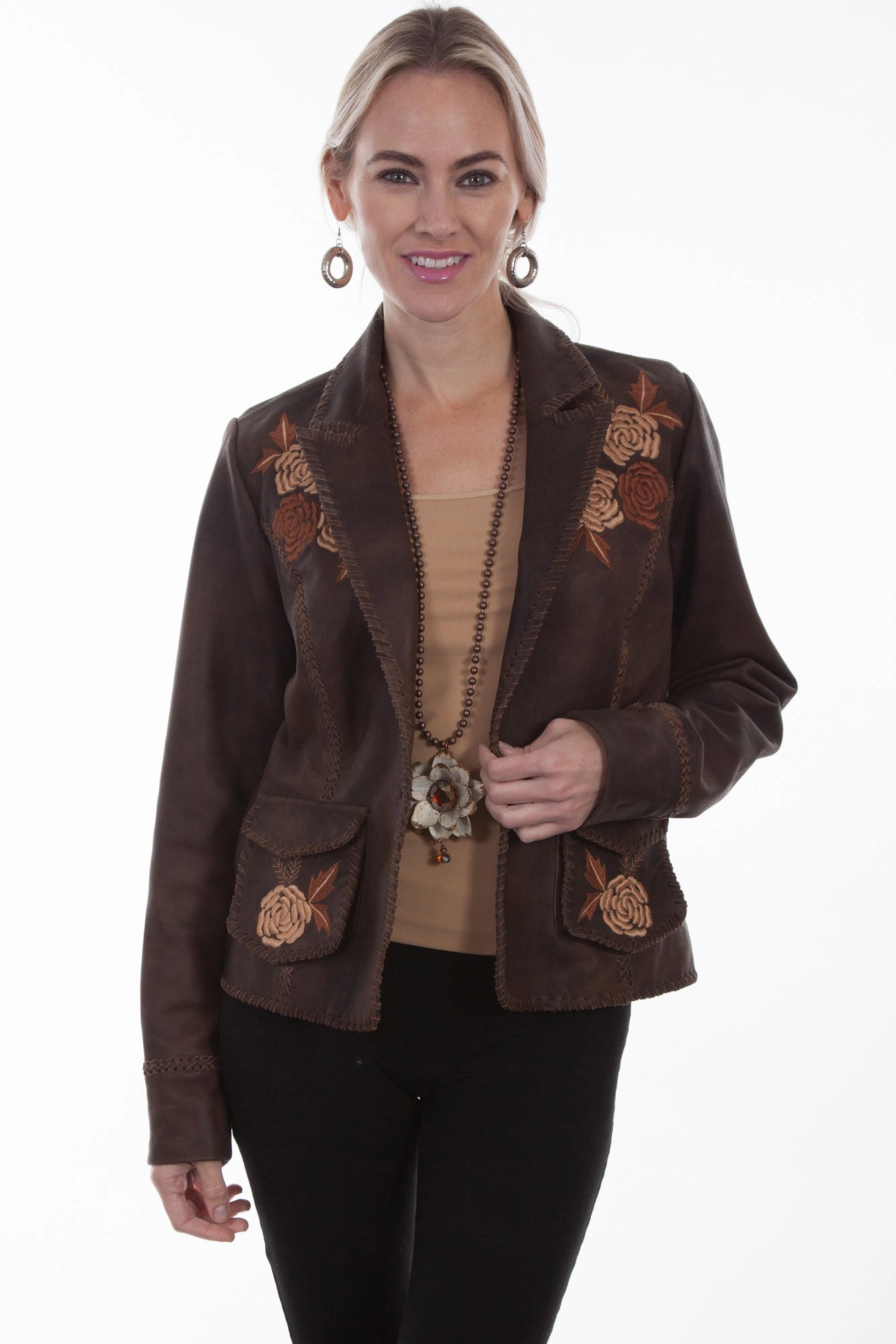 Scully Womens Old Brown Leather Floral Jacket FoldableStorageCapability Scratch Resistant Zippers