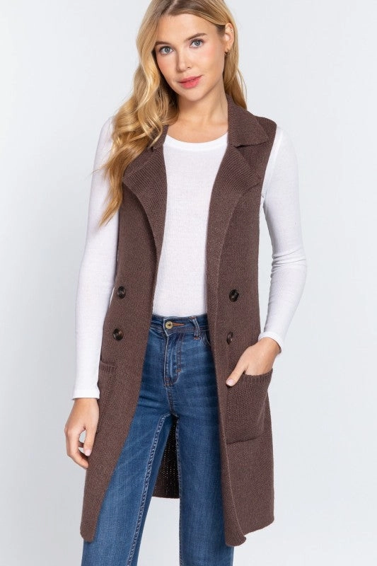 One Color Ellie Sleeveless Notched Collar Long Sweater Vest