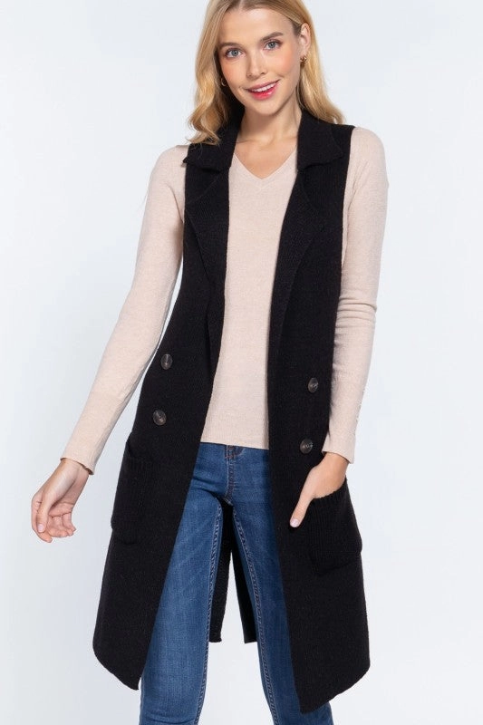 NonIrritatingSeams Ellie Sleeveless Notched Collar Long Sweater Vest