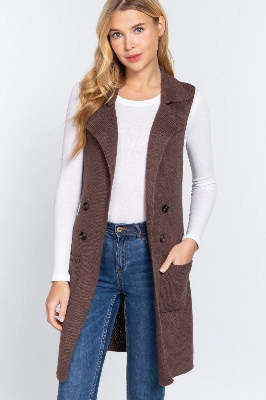 Weekend Casual Cozy Design Ellie Sleeveless Notched Collar Long Sweater Vest