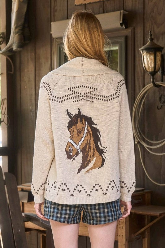 Horse Jacquard Shawl Knit Cardigan FullLengthZip Cool Tone