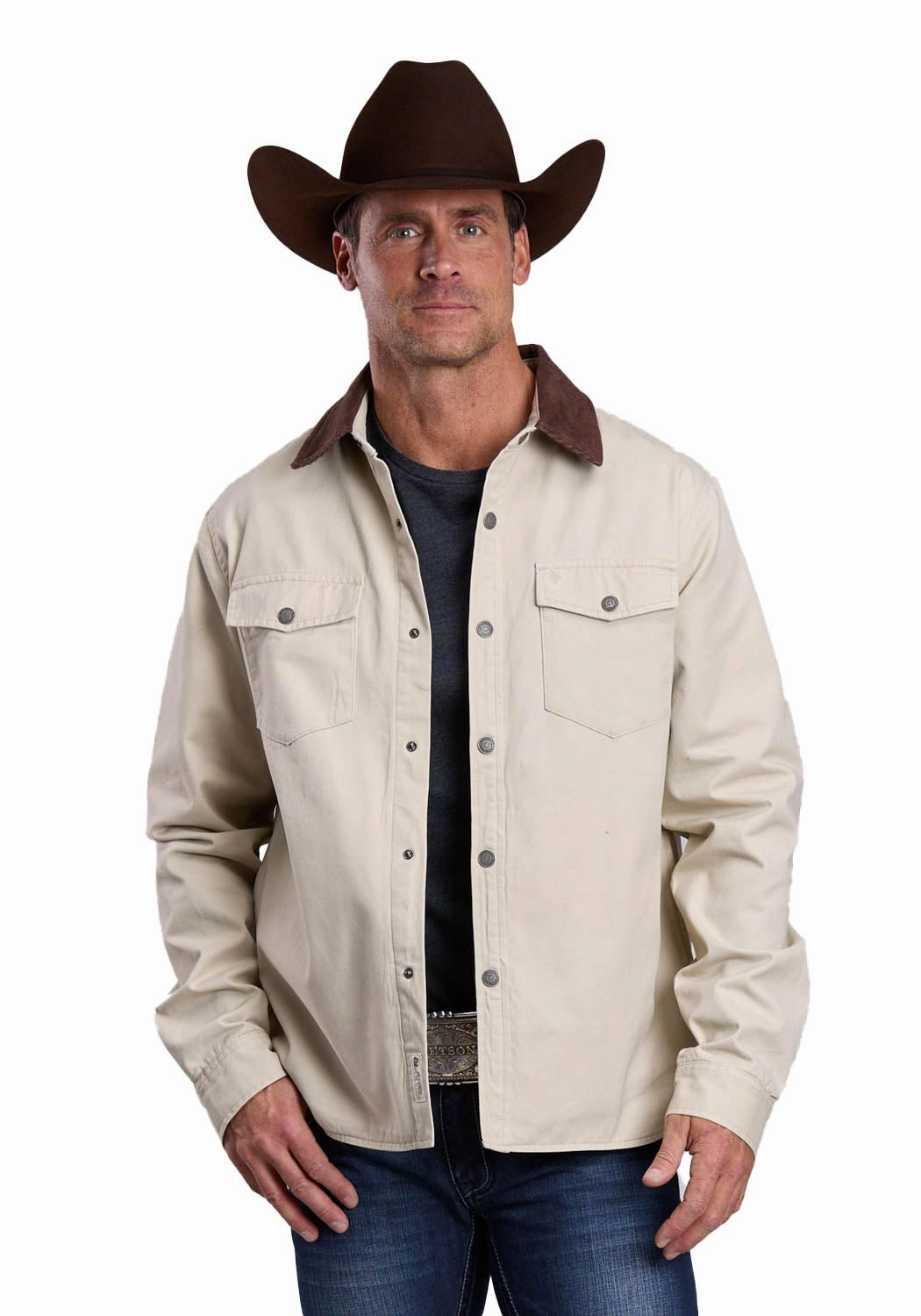 Stetson Mens Twill Corduroy Collar Taupe 100% Cotton Jacket Abrasion resistant TapedSeamConstruction