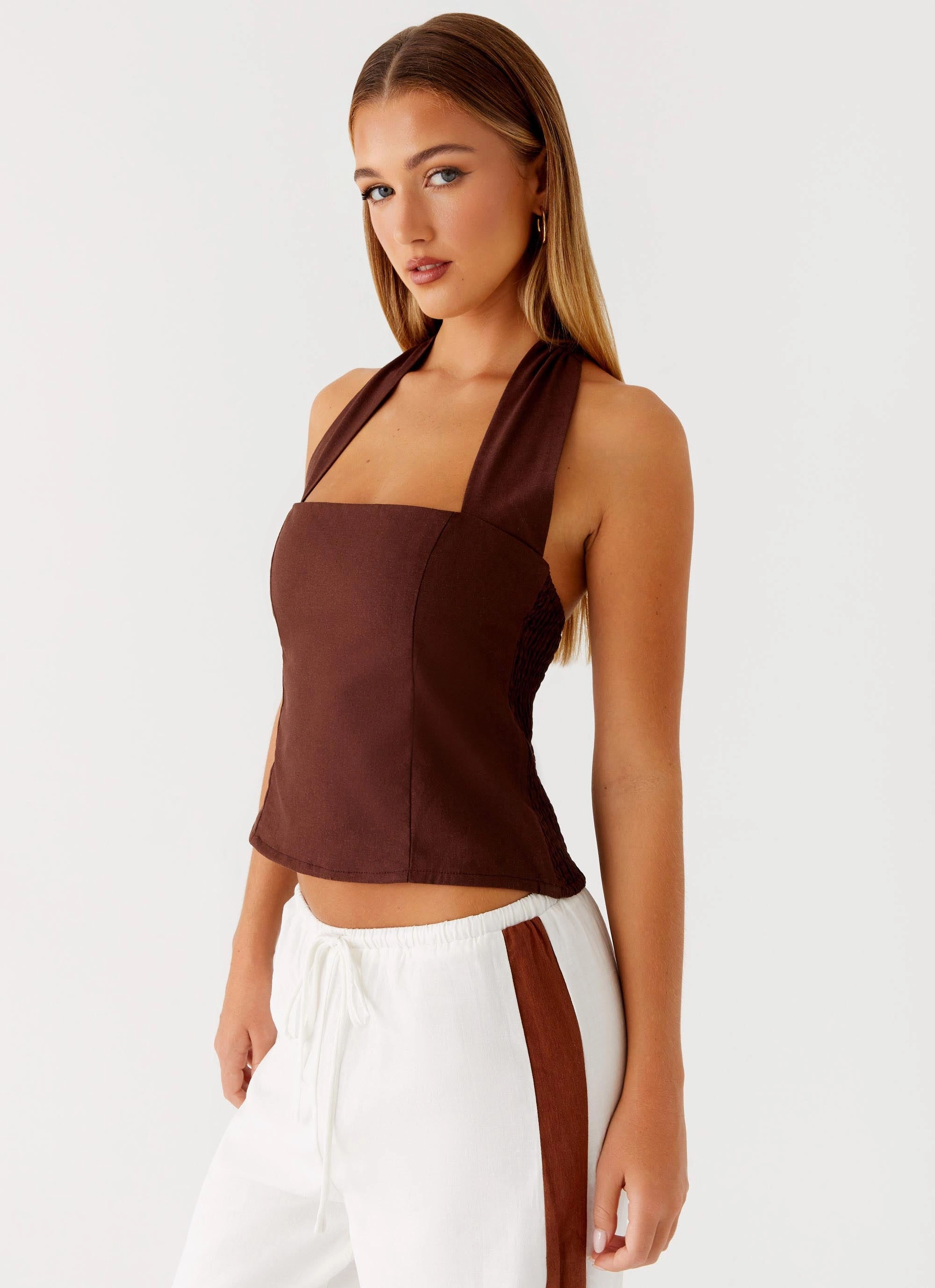 Sunflare Linen Halter Top - Chocolate Petal Sleeve Architecture