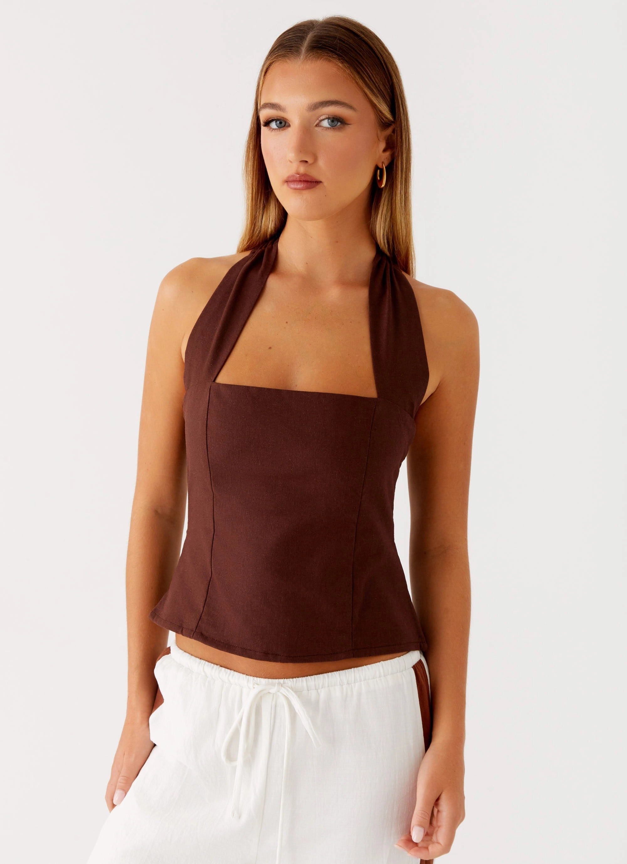 Anti Pill Surface Sunflare Linen Halter Top - Chocolate