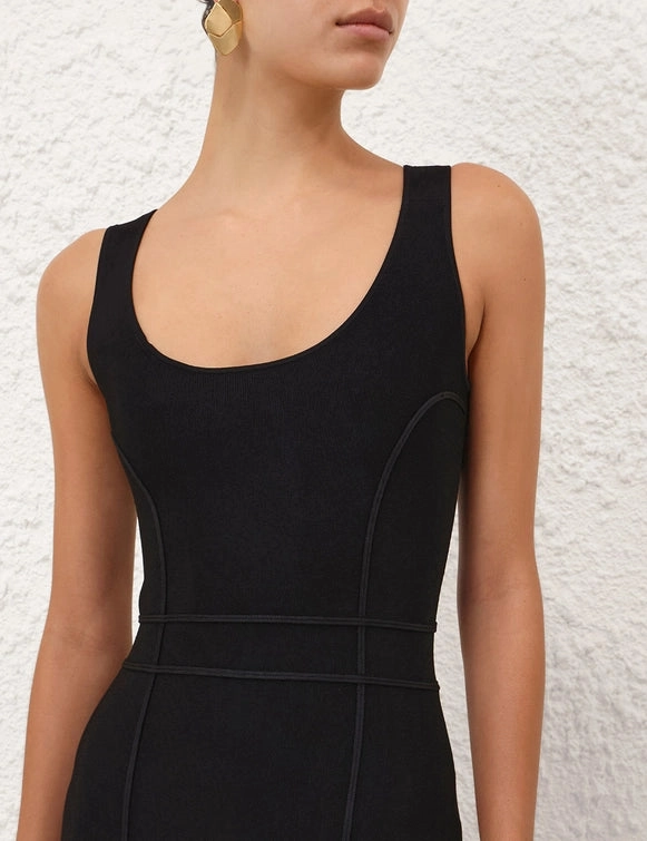 Hypnotic Sculptural Midi Dress in Black Scandi Clean Natural Style