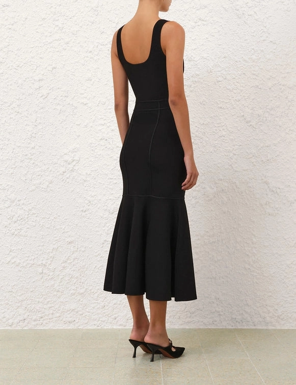 Cool Season Hypnotic Sculptural Midi Dress in Black