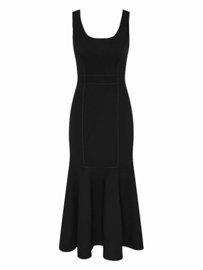 Hypnotic Sculptural Midi Dress in Black Dreamy Drape Flattering Design Wear