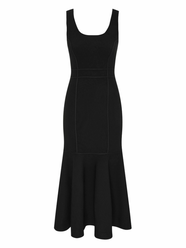 Hypnotic Sculptural Midi Dress in Black Dreamy Drape Flattering Design Wear