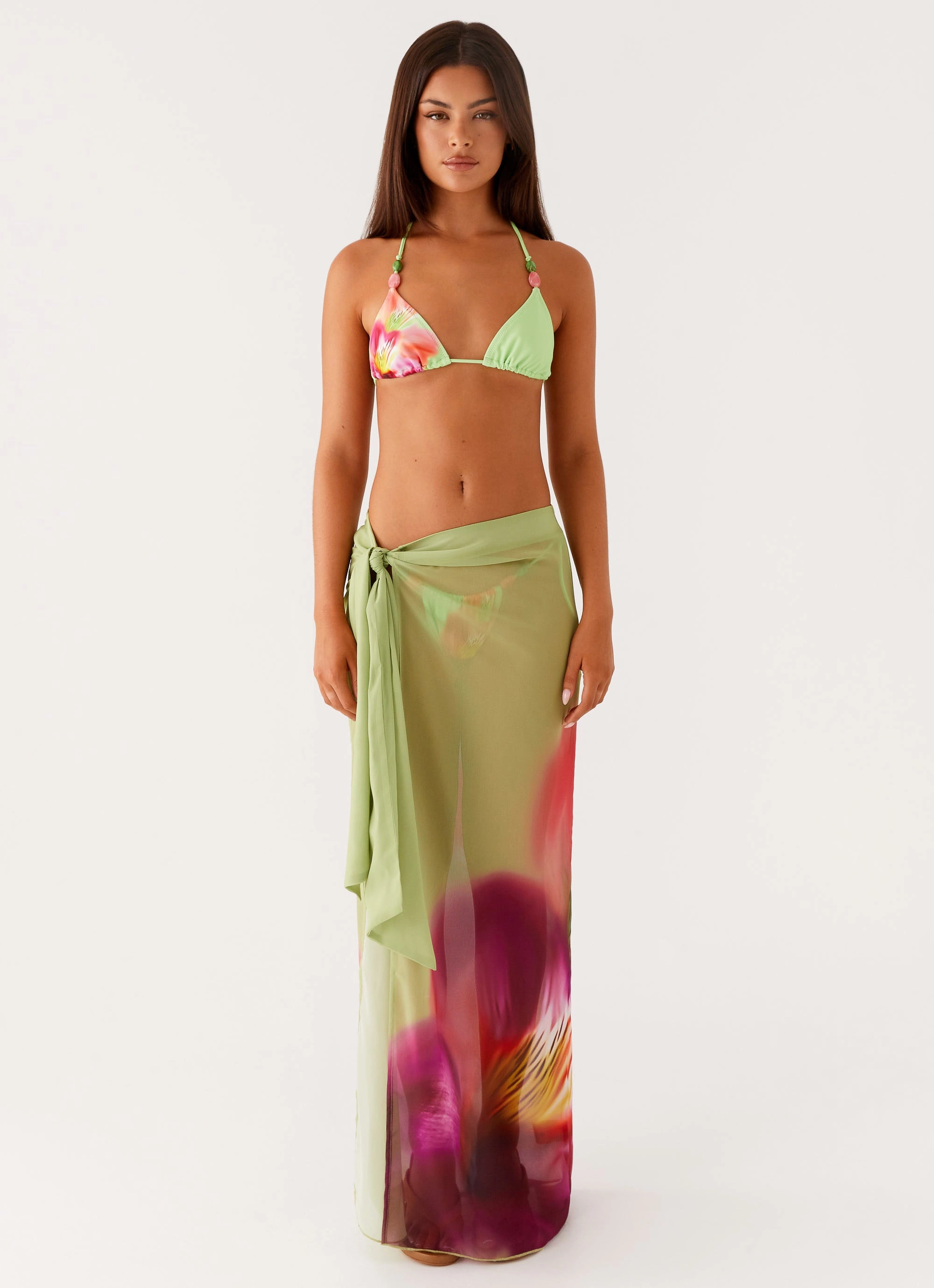 Low Tide Sarong Maxi Skirt - Green Tropical Full Coverage Back Adjustable drawstring