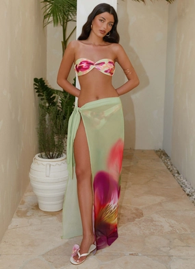 Wide Band Waist Low Tide Sarong Maxi Skirt - Green Tropical
