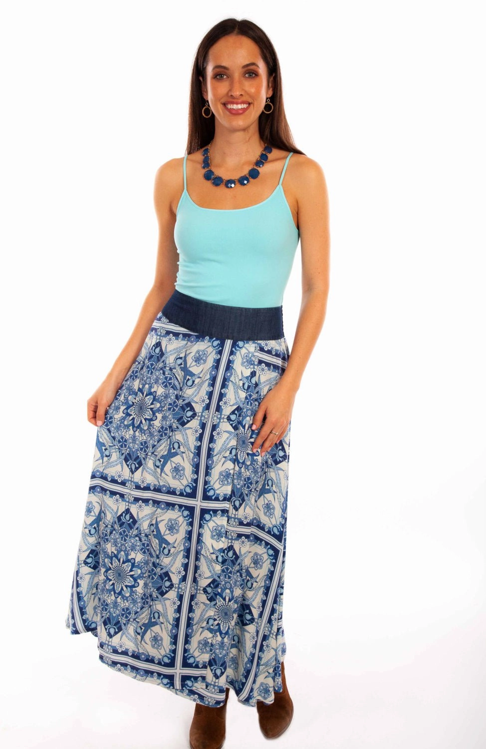 Scully Womens Floral Print Wrap Blue 100% Rayon Skirt Linen blend