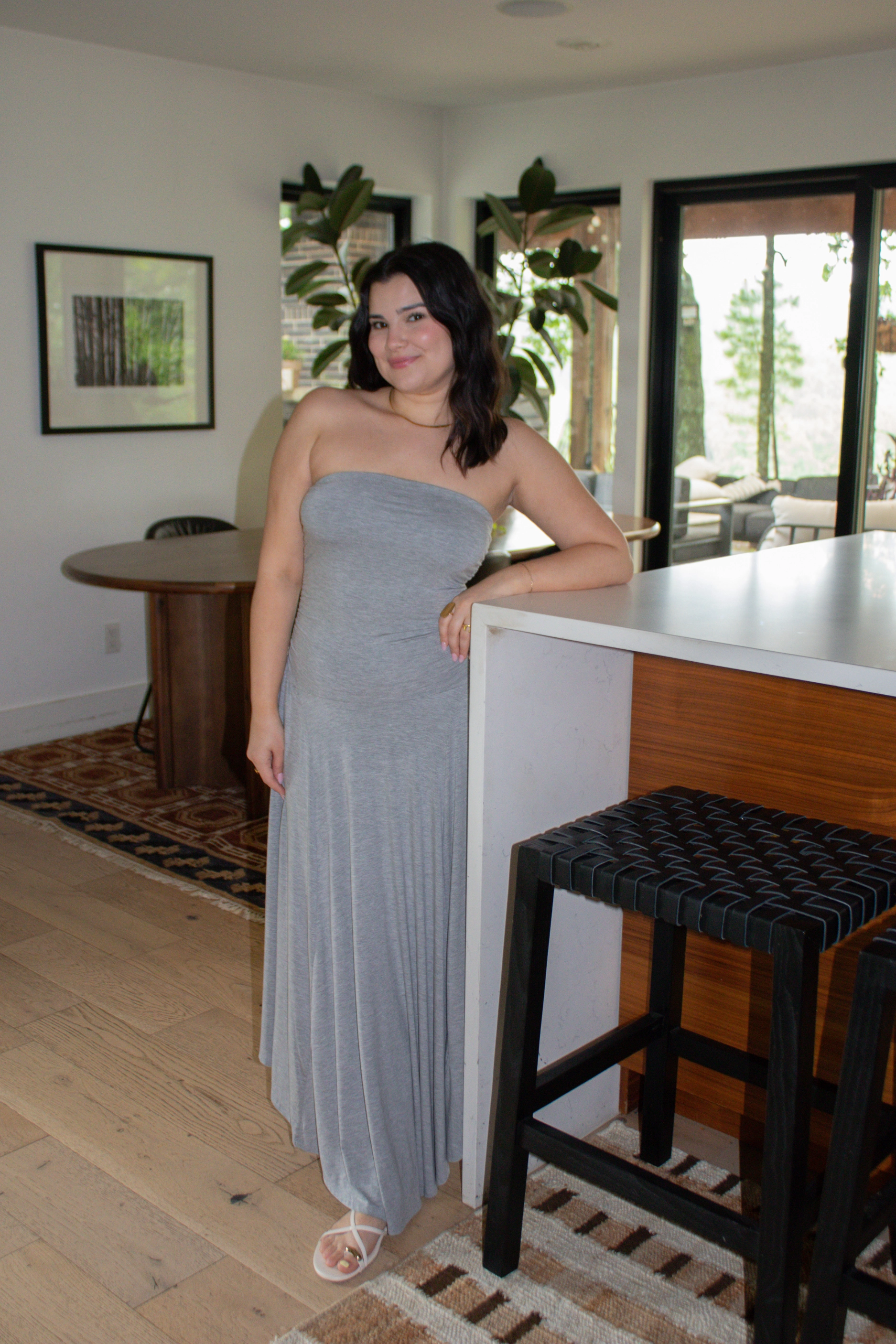 Goddess Strapless Maxi Dress - Heather Grey Family Joy Texture Style
