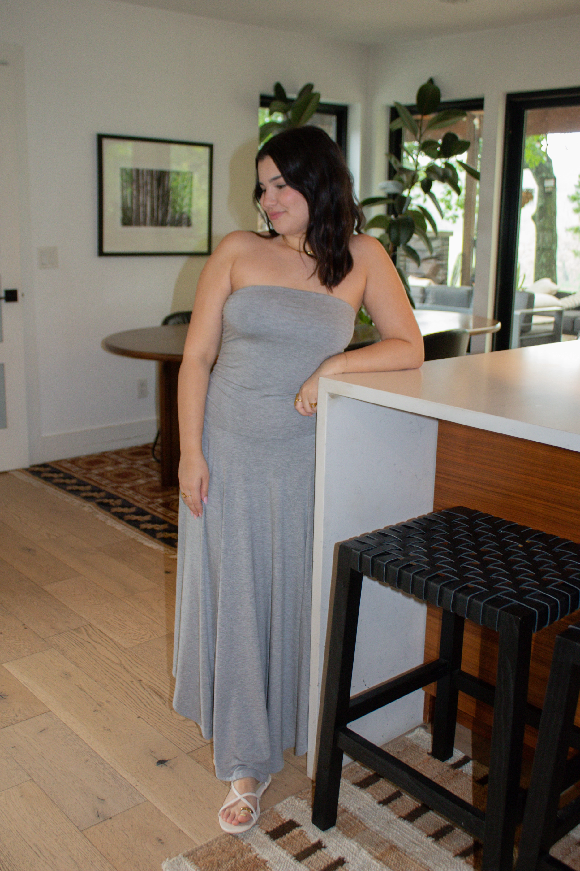 Goddess Strapless Maxi Dress - Heather Grey PocketDetails