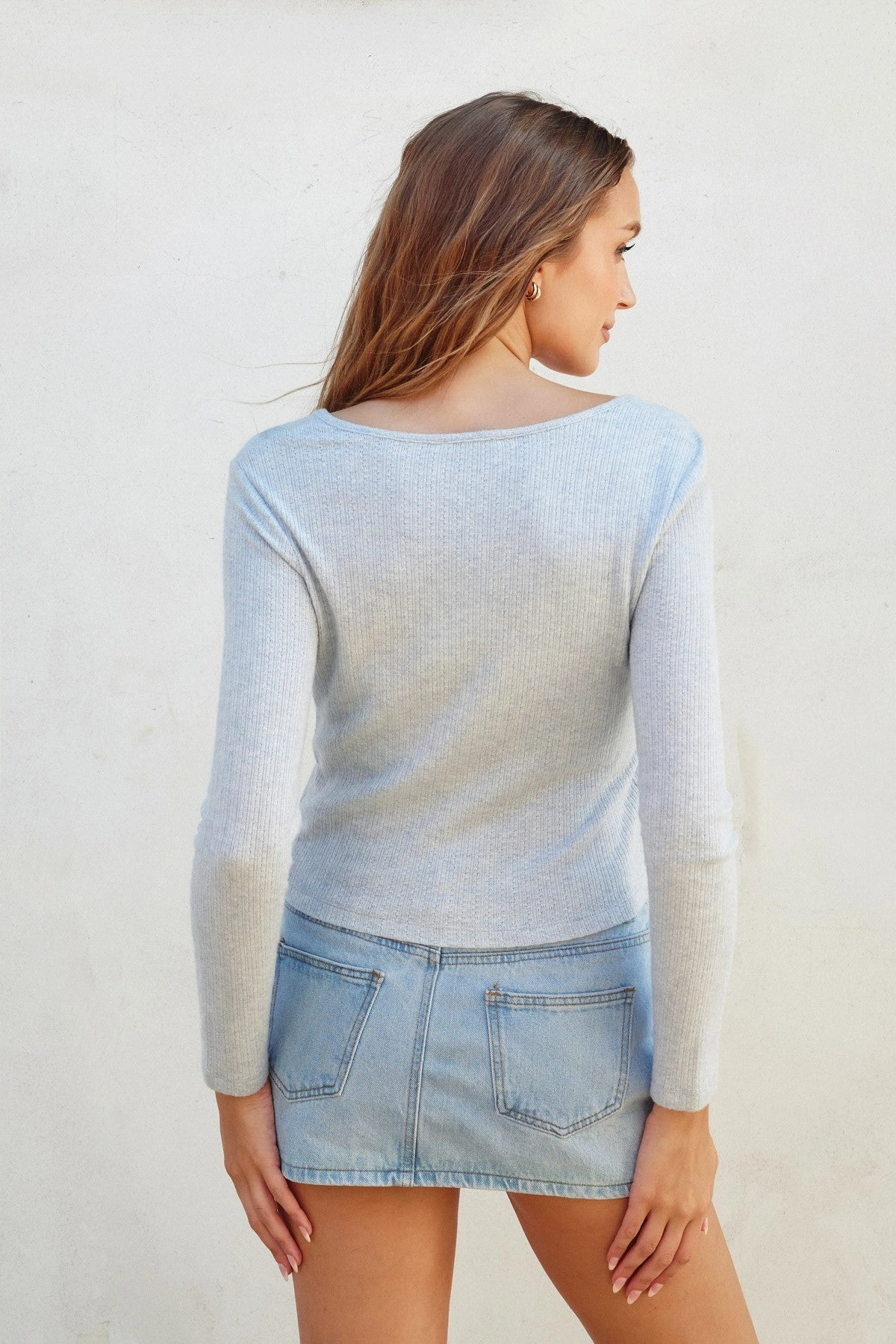 Ergonomic Shoulder Shape Pointelle Button Down Cardigan - Baby Blue