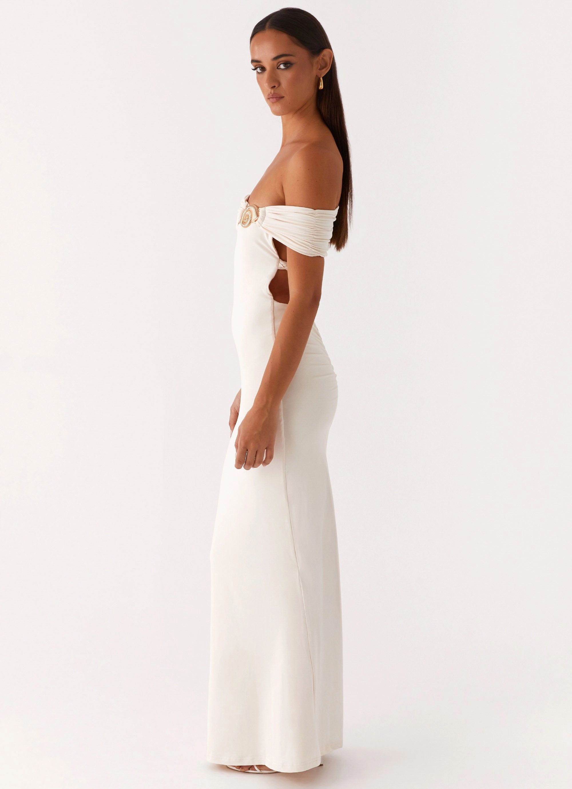 Illusion Maxi Dress - Ivory Textured Flow Ruched-Detail