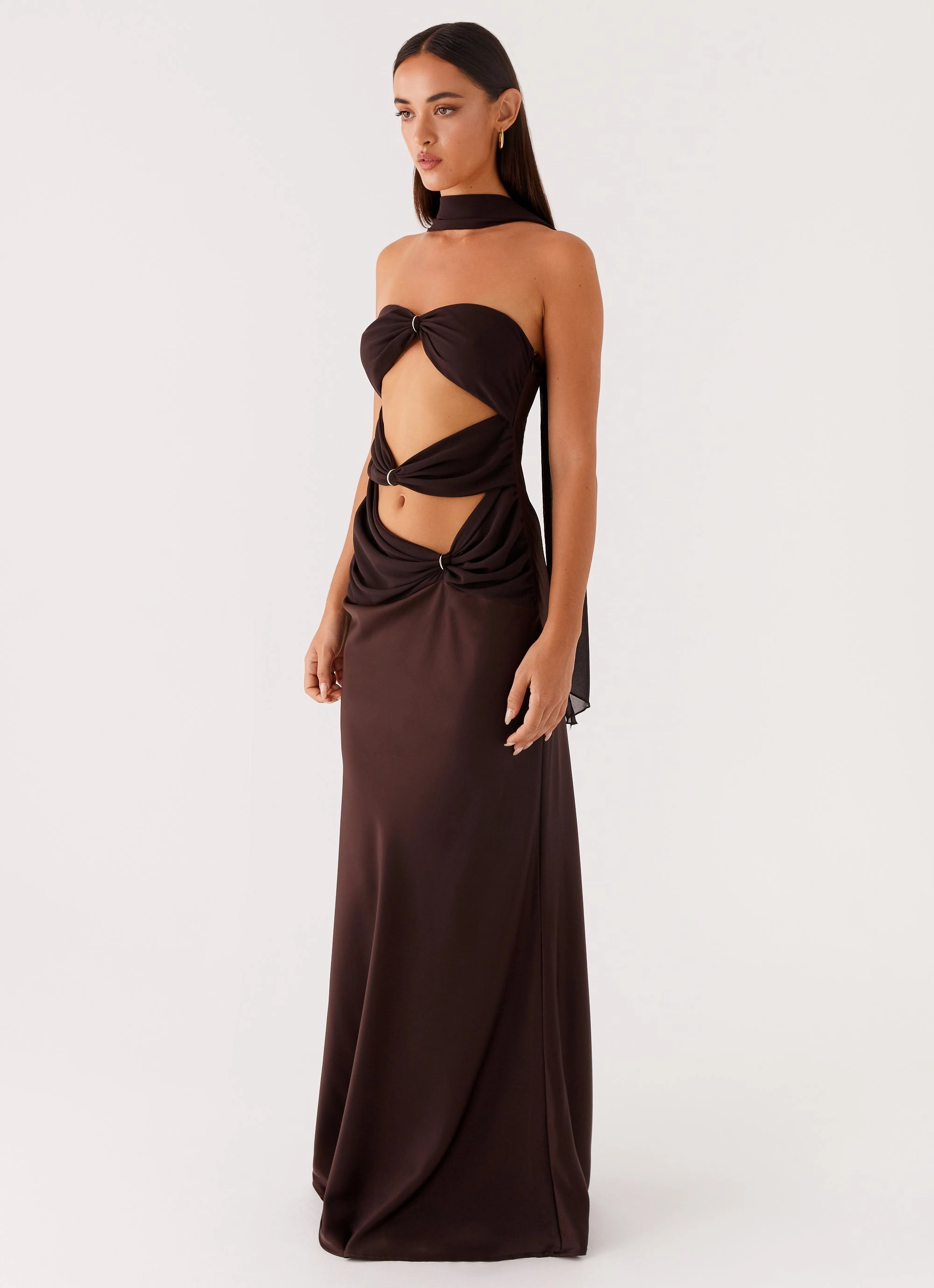 Alaine Scarf Maxi Dress - Dark Chocolate Sculpted Detail