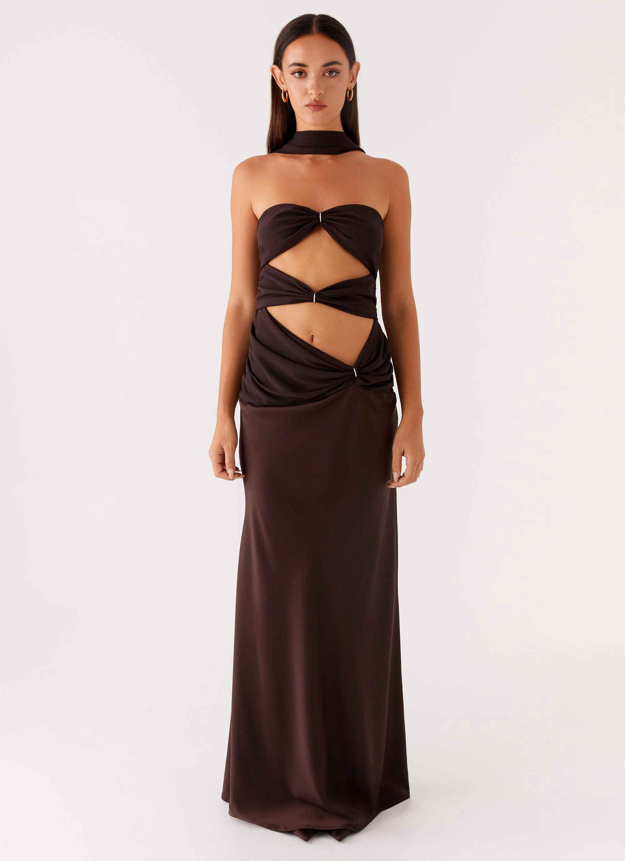 Timeless Energy Chic Appeal Alaine Scarf Maxi Dress - Dark Chocolate